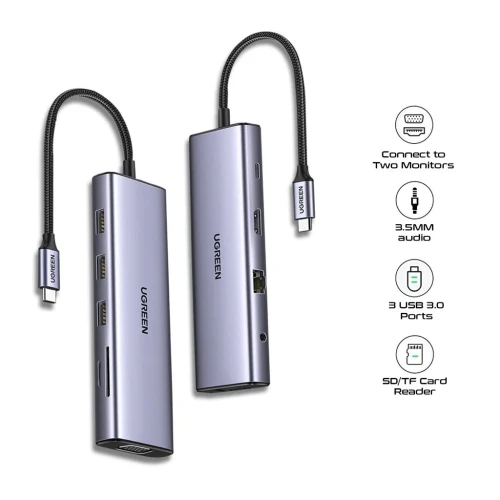UGREEN CM498 - HUB USB-C 10 EN 1 - 3X USB 3.0 - HDMI - VGA - RJ45 - SD/TF - AUX 3.5MM - PD 100W - ORIGINALE