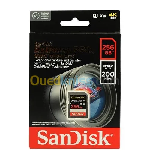 SANDISK EXTREME PRO 256GB - CARTE SDXC UHS-I - 200MO/S LECTURE - VIDEO 4K UHD - BLACK