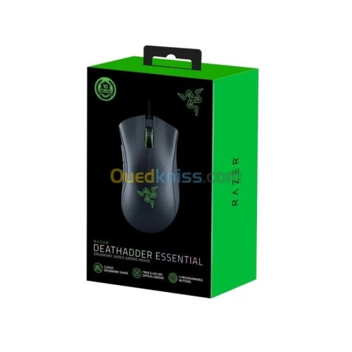 RAZER DEATHADDER ESSENTIAL - SOURIS GAMING FILAIRE - CAPTEUR OPTIQUE 6400 DPI - 5 BOUTONS PROGRAMMABLES - ÉCLAIRAGE VERT - BACLK & WHITE