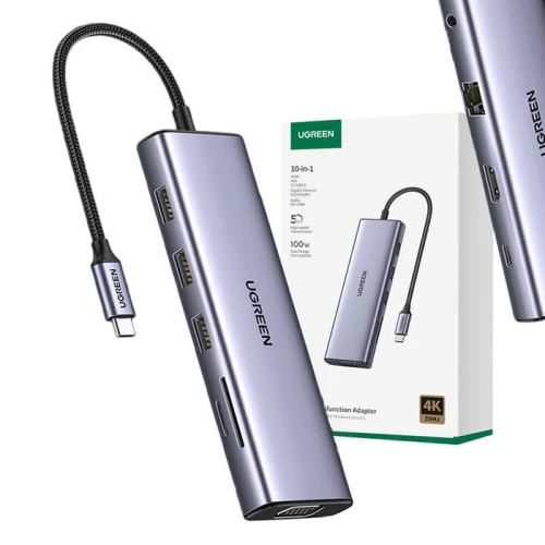 UGREEN CM498 - HUB USB-C 10 EN 1 - 3X USB 3.0 - HDMI - VGA - RJ45 - SD/TF - AUX 3.5MM - PD 100W - ORIGINALE