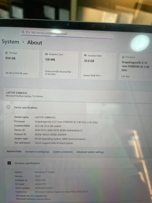Surface laptop 7 Édition Snapdragon (R) X 12 core 32gb 1Tb