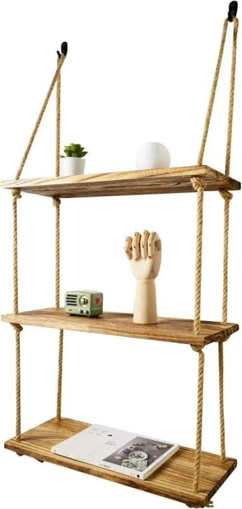 رف جداري خشبي بالحبال حسب الطلب. Étagère murale en corde de bois naturel sur mesure 