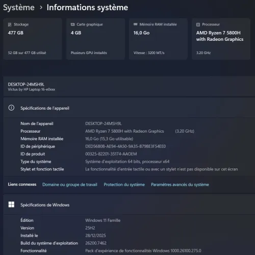 HP Victus 16 / Ryzen 7 5800H / RTX 3050 / 16Go RAM / 512Go SSD / Excellent état