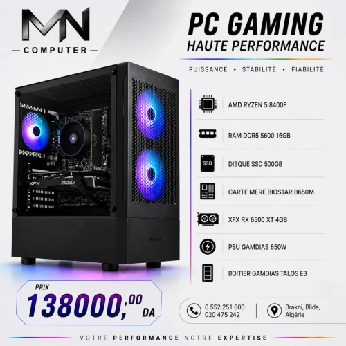 Config AMD RYZEN 5 8400F / RX 6500XT 4GB / BIOSTAR B650M / DDR5 16GB 5600MHz / SSD 500GB