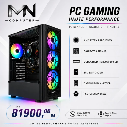 Config AMD RYZEN 7 PRO 4750G / GIGABYTE A520M-K / DDR4 CORSAIR 16GB 3200MHz / SSD 240GB