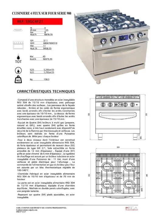 Cuisiniere a gaz 4 et 6 feux sur four serie 900