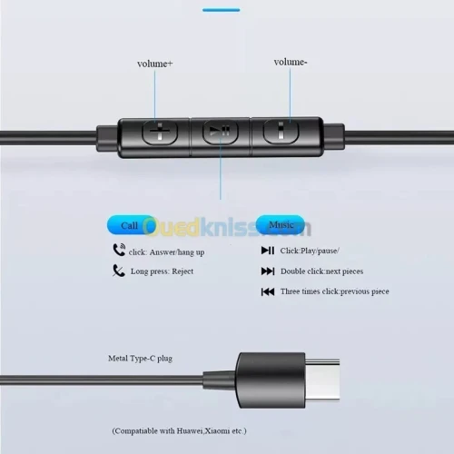 Ecouteur  Type-C USB-C AWEI TC-5 avec microphone et boutons de commande 1.2m pour smartphone