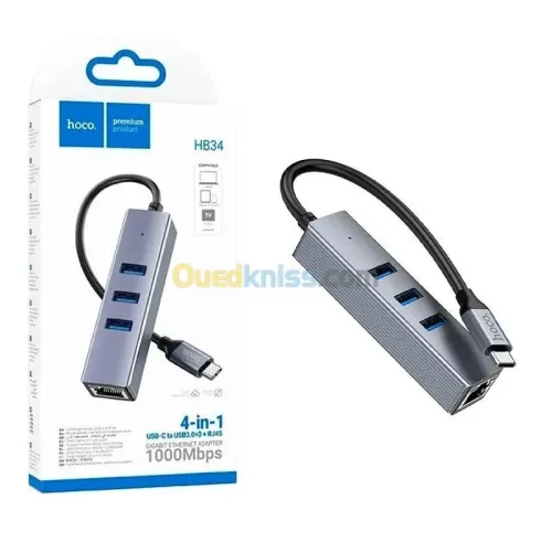 Adaptateur HUB 4 En 1 Type-C To RJ45 1000mbps + 3 X USB 3.0 HOCO HB34 GIgabit