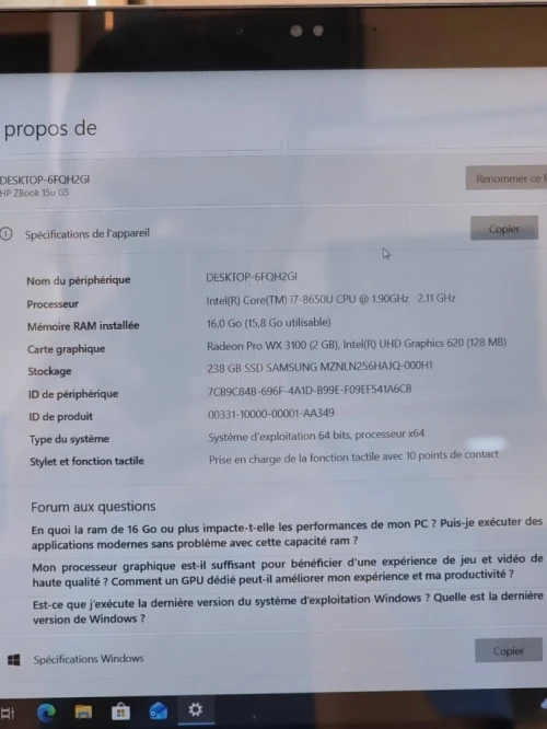 HP ZBOOK I7 8EME 16G 256SSD DOUBLE CARTE GRAPHIQUE 15.6 FHD