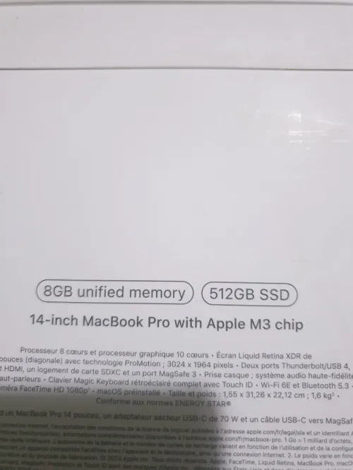 PC macbook pro m3 14 pouses 8g la ram 521g SSD sous blister jdiid 