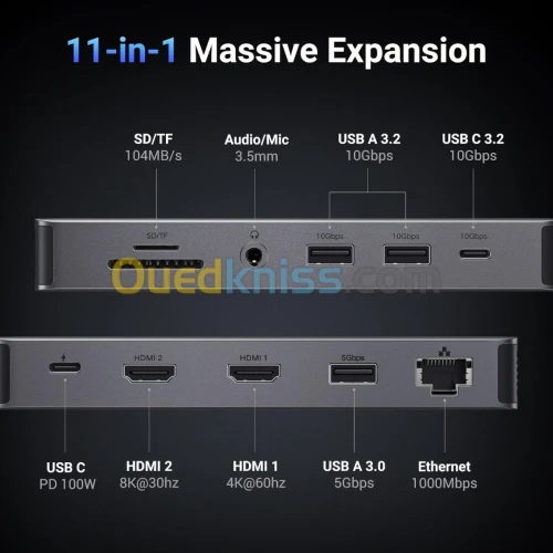 UGREEN 11 IN 1 USB TYPE-C 3.2 8K 30HZ 4K 60HZ 03 USB DATA-A 02 USB TYPE-C 100W 02 HDMI RJ45 AUDIO SD