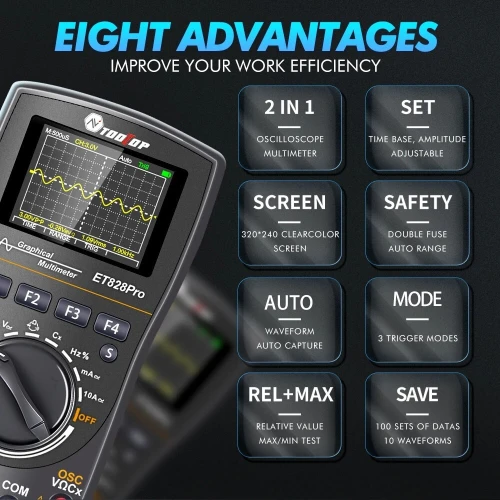 TOOLTOP ET828Pro 50Msp/s 10MHz Oscilloscope numérique portable True RMS pour bricolage électrique voiture révision Oscilloscope multimètre