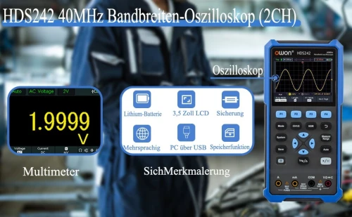 Oscilloscope numérique portable OWON HDS242, 2 canaux, 40 MHz, fréquence d'échantillonnage 250 MS/s, multimètre numérique