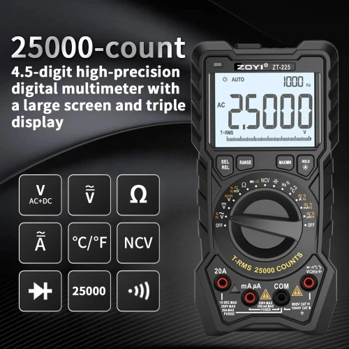 ZOYI 25000 compte ZT-225 haute précision gamme automatique multimètre intelligent électricien anti-brûlure entretien multi-usages aut