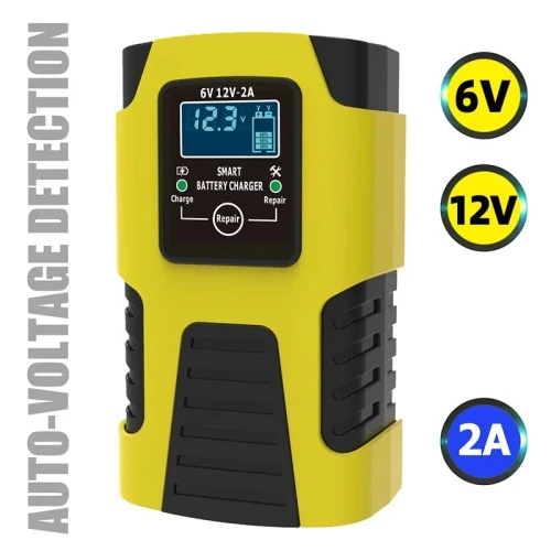 Chargeur de batterie de voiture moto automatique 2A 6V 12V pour batteries plomb-acide GEL AGM humides Calcium Deep Cycle VRLA avec réparation par impulsions et écran LCD
