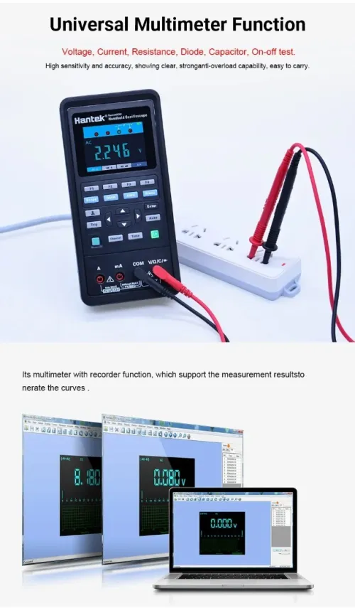 Hantek 2C72 2in1 Oscilloscope numérique + Générateur formes donde + Multimetre Portable USB2 Canaux 70MHz Ecran LCD Outil Avec batterie lithium  Grande Capacite AUTO A une touche - 2D72