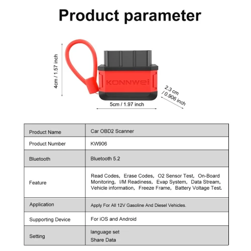 Nouveau : Scanner OBD2 Bluetooth KONNWEI KW906 ELM327 pour voiture, compatible Android et iOS.