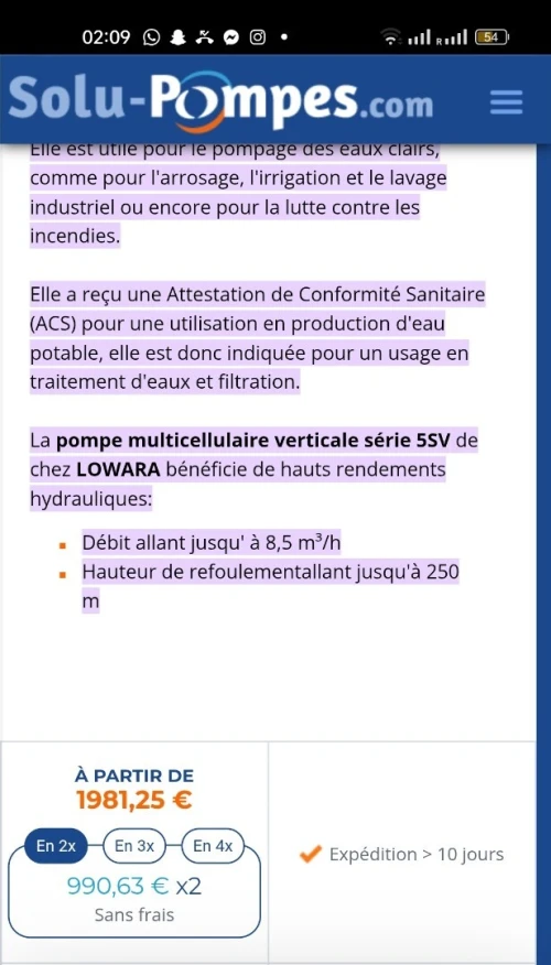 pompe multicellulaire verticale en acier inoxydable de la marque Lowara, 