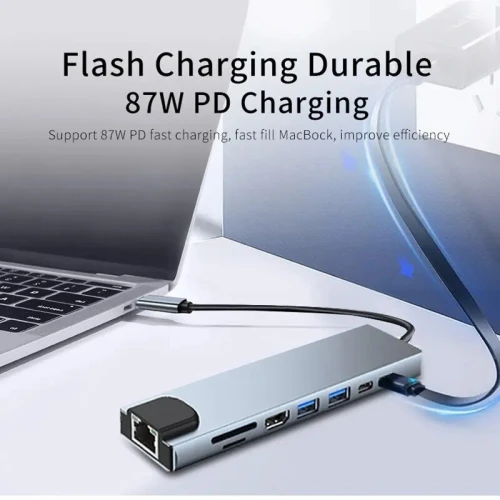 Station d'accueil 8 en 1 type-C 3.1 à 4K,HDMI, lecteur crt, RJ45 ect, Charge rapide pour laprop, mac