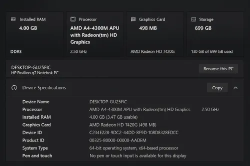 HP Pavilion G7| Processeur AMD, 4 Go RAM, Windows 10 | 27000DA
