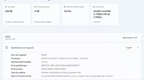 Dell Inspiron 15 (5567) | Core i7 7e Gen | 12 Go RAM | 256 SSD | GPU 4 Go | Très Bon État