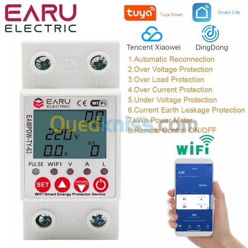 Disjoncteur smart connecté, compteur d'énergie kWh, 2P, 63A, TUYA Andrea WiFi