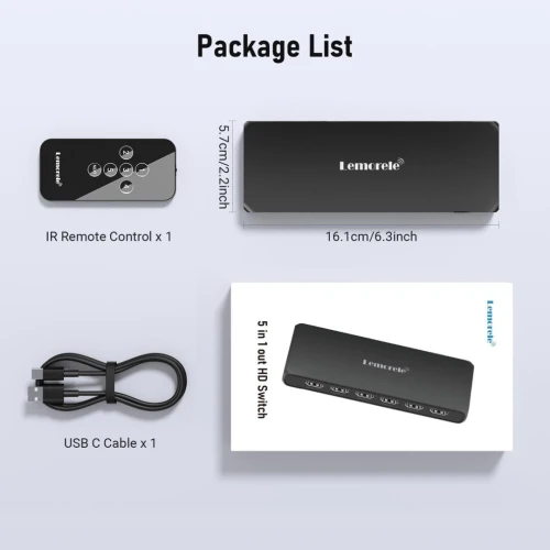 Lemorele HDMI Splitter 5 Entrées 1 Sortie, 4K UHD avec Télécommande