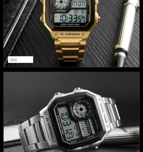 SKMEI montre numérique pour hommes rétro sport étanche Chrono électronique en acier inoxydable