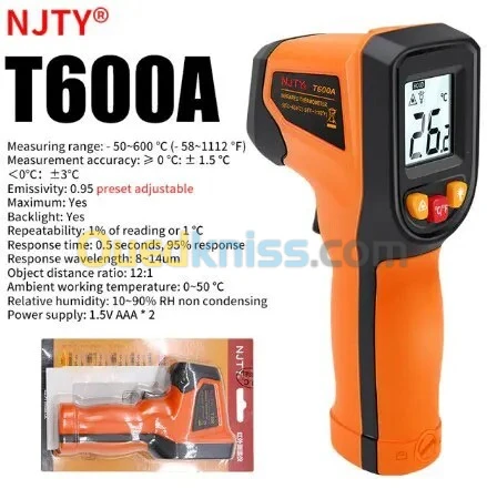 Thermomètre  laser numérique infrarouge sans contact T600A : - 50 C   A  600 C