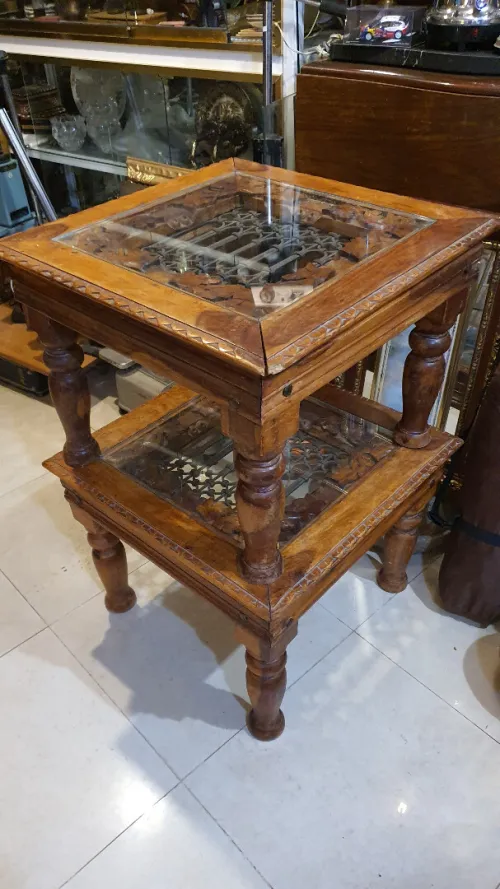 Paire de Tables basses carrées indienne en bois et fer forgé 