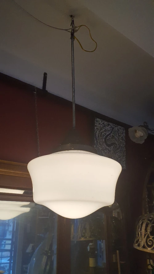 Lustre suspension globe Art déco opaline blanche cromé LIQUIDATION