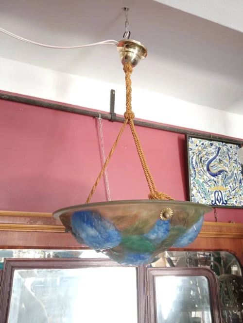 Lustre Suspension vasque Art déco en pâte de verre signé Artistar France
