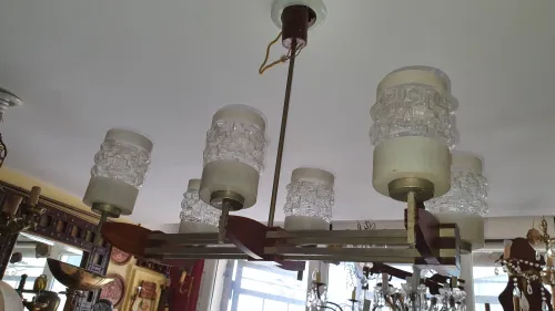 Lustre art déco à 6 lumières en bois de palissandre, chrome et verre d'art LIQUIDATION