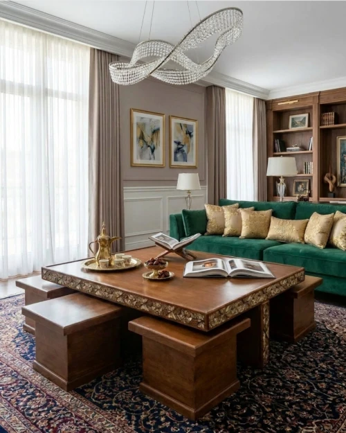 Grande Table basse mauresque syreinne de luxe avec ses 6 tabourets encastrables