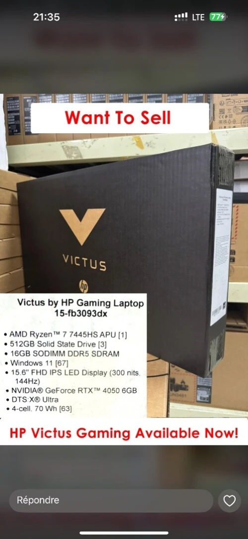 Hp victus ryzen 7 7445HS/16G/512Go/RTX4050