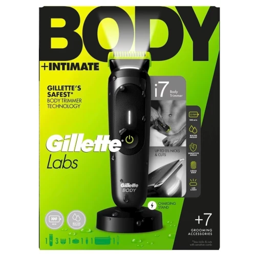 rasoir electrique Gillette Labs Body + Intimate i7 - 2 sabots - 100 min - socle de recharge - lumiere led - hausse de transport