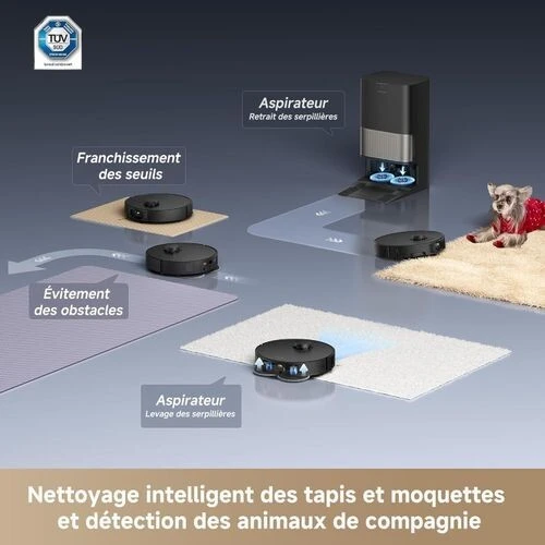 Robot Aspirateur L40s Pro Ultra noir , 19 000 Pa, Brosse Double HyperStream,, Brosse latérale extensible et relevable, Nettoyage de la serpillière à l'eau chaude à 75 degre ,Auto-nettoyant3.0