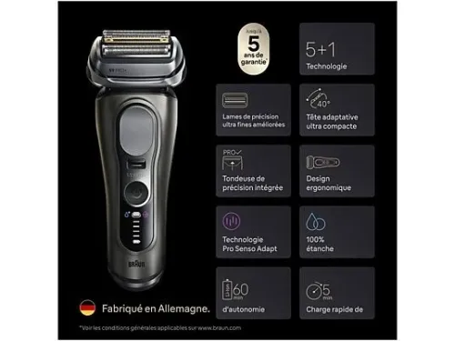 RASOIR Braun Series 9 Pro+ 9655cc Système de rasage 5+1 tête flexible 40 degre 60 min d'autonomie