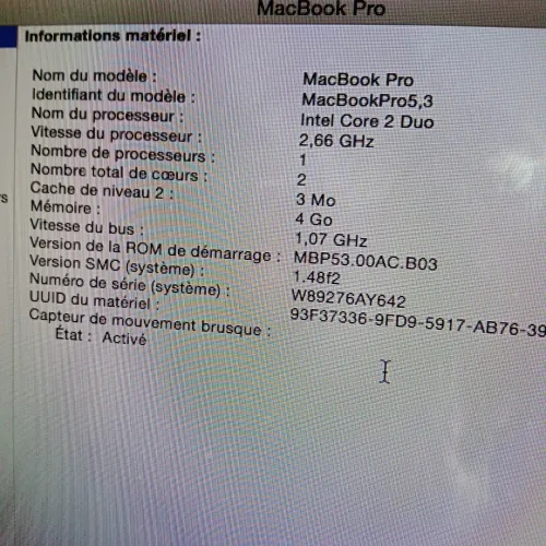 MacBook Pro mi-2009,  core 02 duo,  320 Go HDD,  04 Go de RAM,  