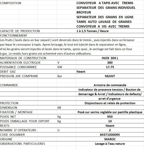 Chaine d'extraction de pépins de fruits Ex : Figues de barabrie, Raisins, Cerises ... etc