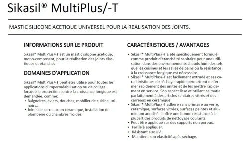 Silicone Sika MultiPlus-T : Mastic Silicone Acétique Multi-usages