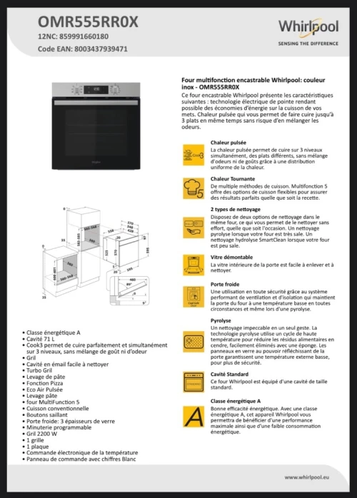 Four multifonction encastrable Whirlpool: couleur inox - OMR555RR0X