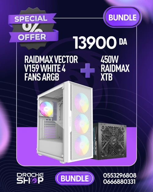 BUNDLE PSU 450W Raidmax XTB + CASE Raidmax Vector V159 White 4 Fans Argb