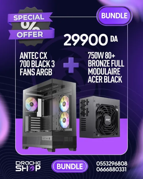 BUNDEL POWER SUPPLY 750w  80+ bronze Full Modulaire ACER Black +CASE Antec Cx 700 Black 3 fans Argb