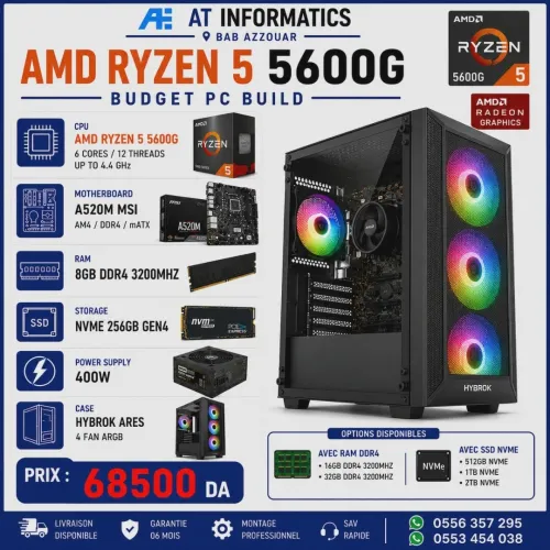 CONFIG PC AMD RYZEN 5 5600G AVEC A520M MSI 8GB RAM 256GB NVME