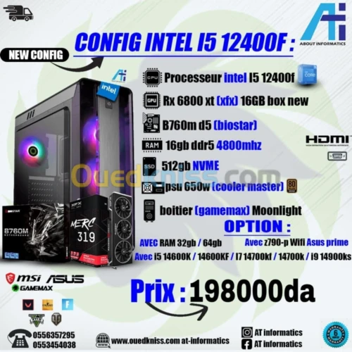 CONFIG PC INTEL I5 12400F AVEC RX 6800 XT 16GB XFX BOX NEW Not refurbished