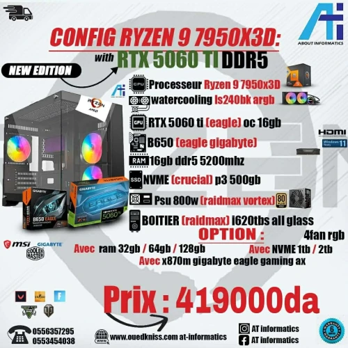 CONFIG PC GAMING AMD RYZEN 9 7950X3D AVEC RTX 5060 TI 16GB EAGLE GIGABYTE OC NEW