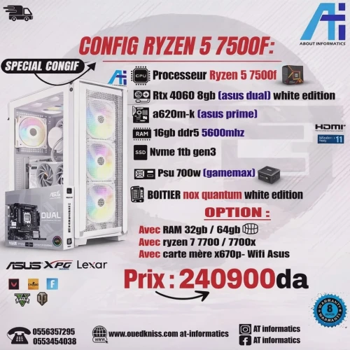 CONFIG PC GAMING AMD RYZEN 5 7500F AVEC RTX 4060 8GB ASUS DUAL WHITE NEW