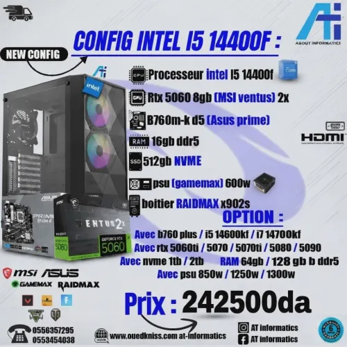 CONFIG PC GAMING INTEL CORE I5 14400F AVEC RTX 5060 8GB MSI SHADOW 2X NEW
