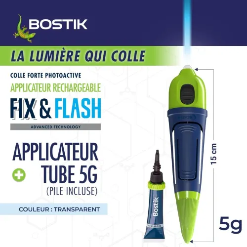Bostik Fix & Flash Colle de Réparation Lumière UV (Colle Forte Photoactive) Applicateur et Tube